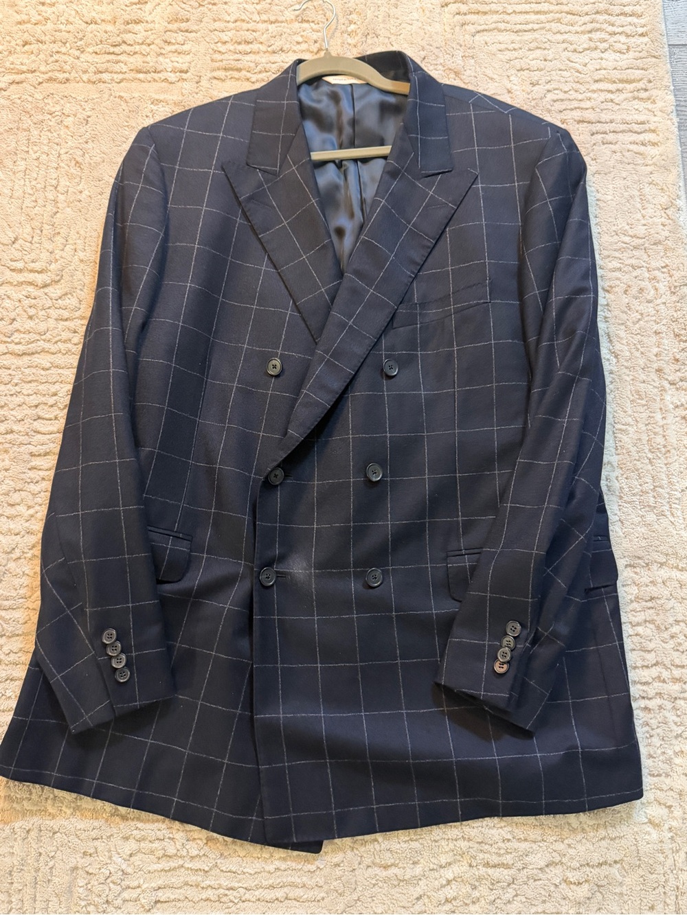 Samuelsohn Navy Windowpane Double-Breasted Blazer